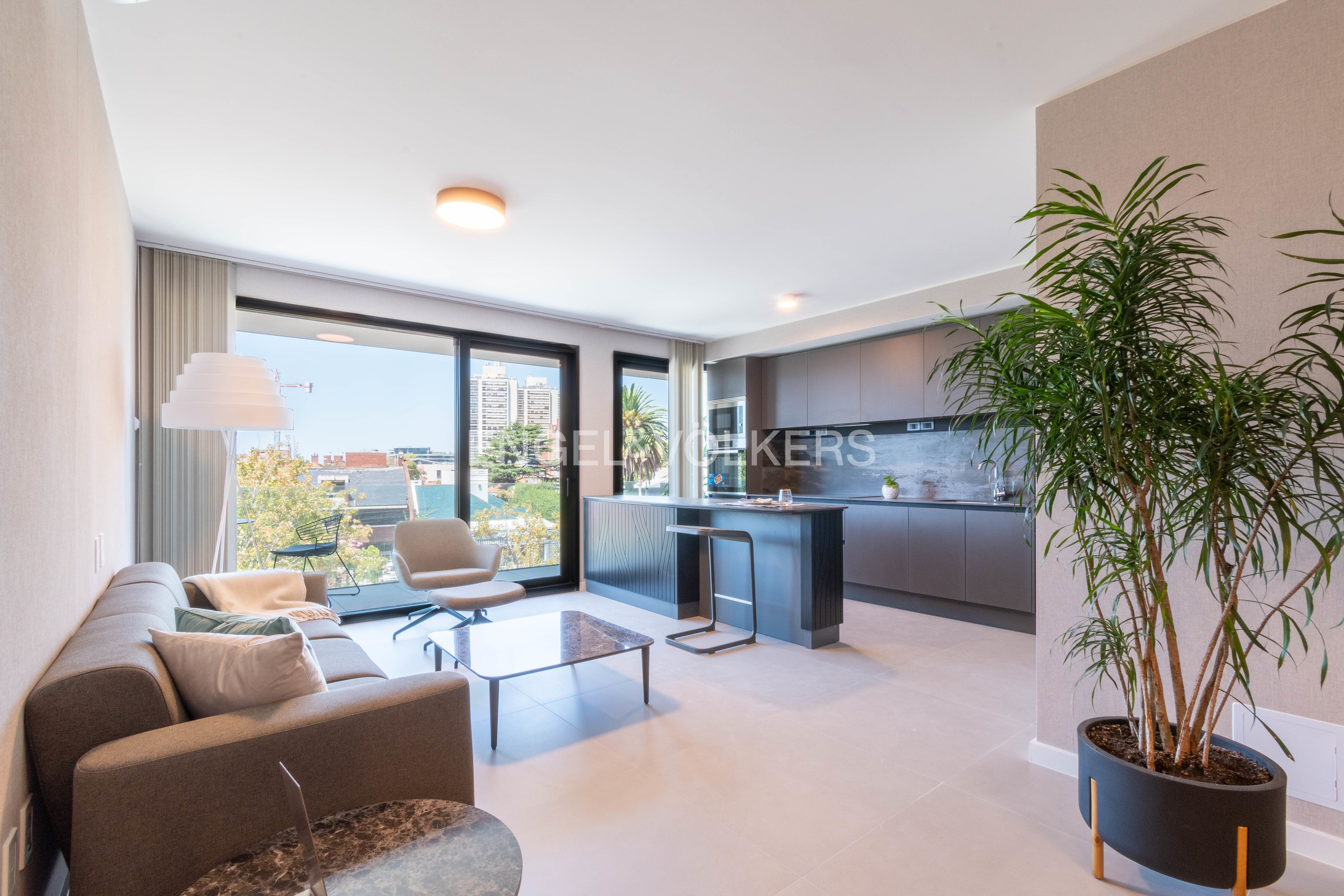 Open-concept living space with a gray sofa, chair, and kitchen island. Large windows offer city views. A potted plant adds a touch of nature.