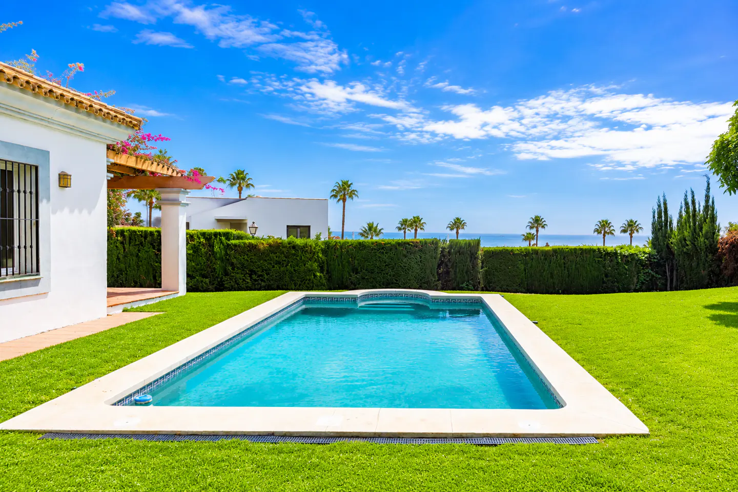 A rectangular pool with turquoise water sits on a green lawn, with a white house and palm trees in the background under a blue sky.