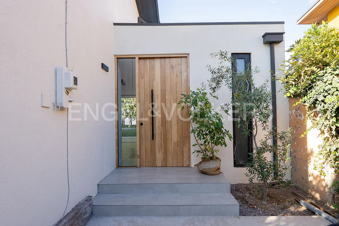 Exterior view of a modern home with a light wood front door, concrete steps, and a potted plant.