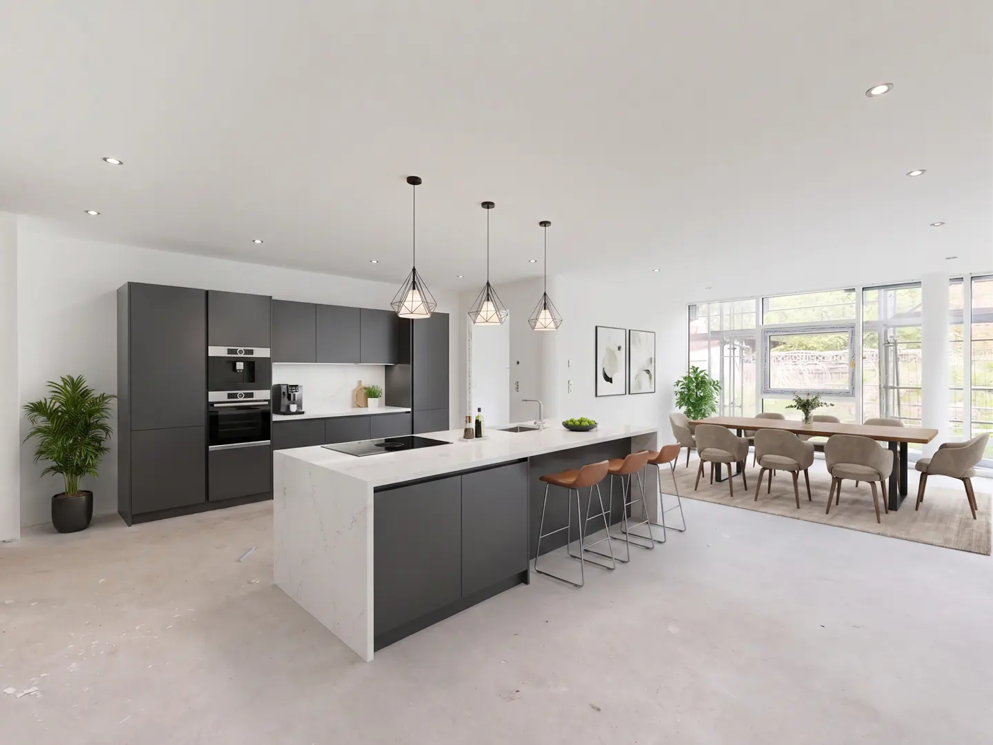 Open-concept kitchen and dining area with gray cabinets, white countertops, and a large window.