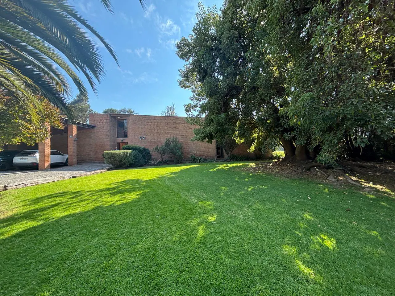 Brick house with a green lawn and large tree. Cars are parked in the carport. Blue sky.