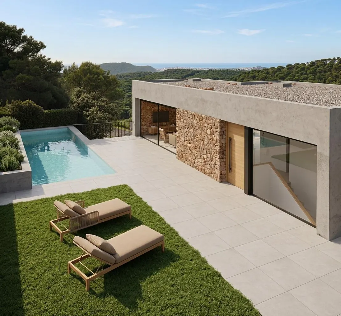 Modern home exterior with a pool, lounge chairs on the grass, and a stone accent wall. Trees and blue sky in the background.