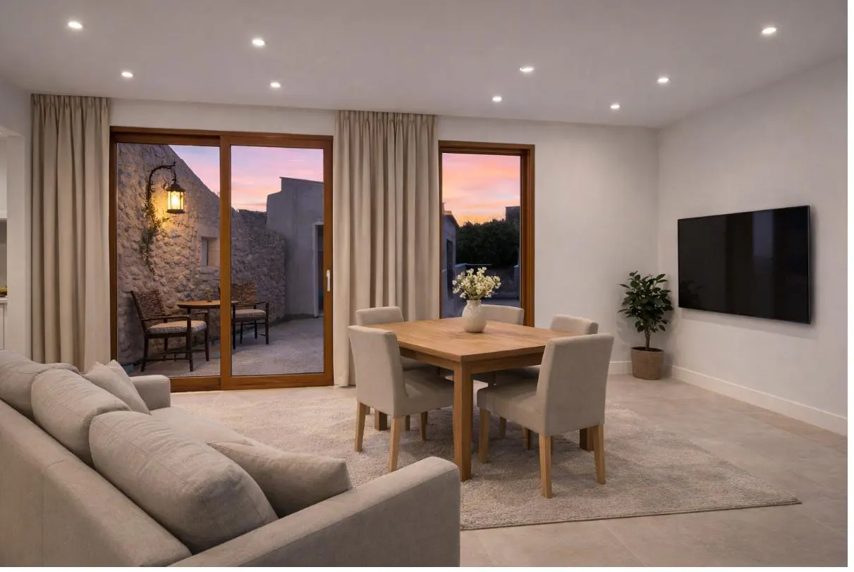 Living room with a beige sofa, a wooden dining table with four chairs, and a TV on the wall. Outside the window, there is a stone patio with a table and chairs.