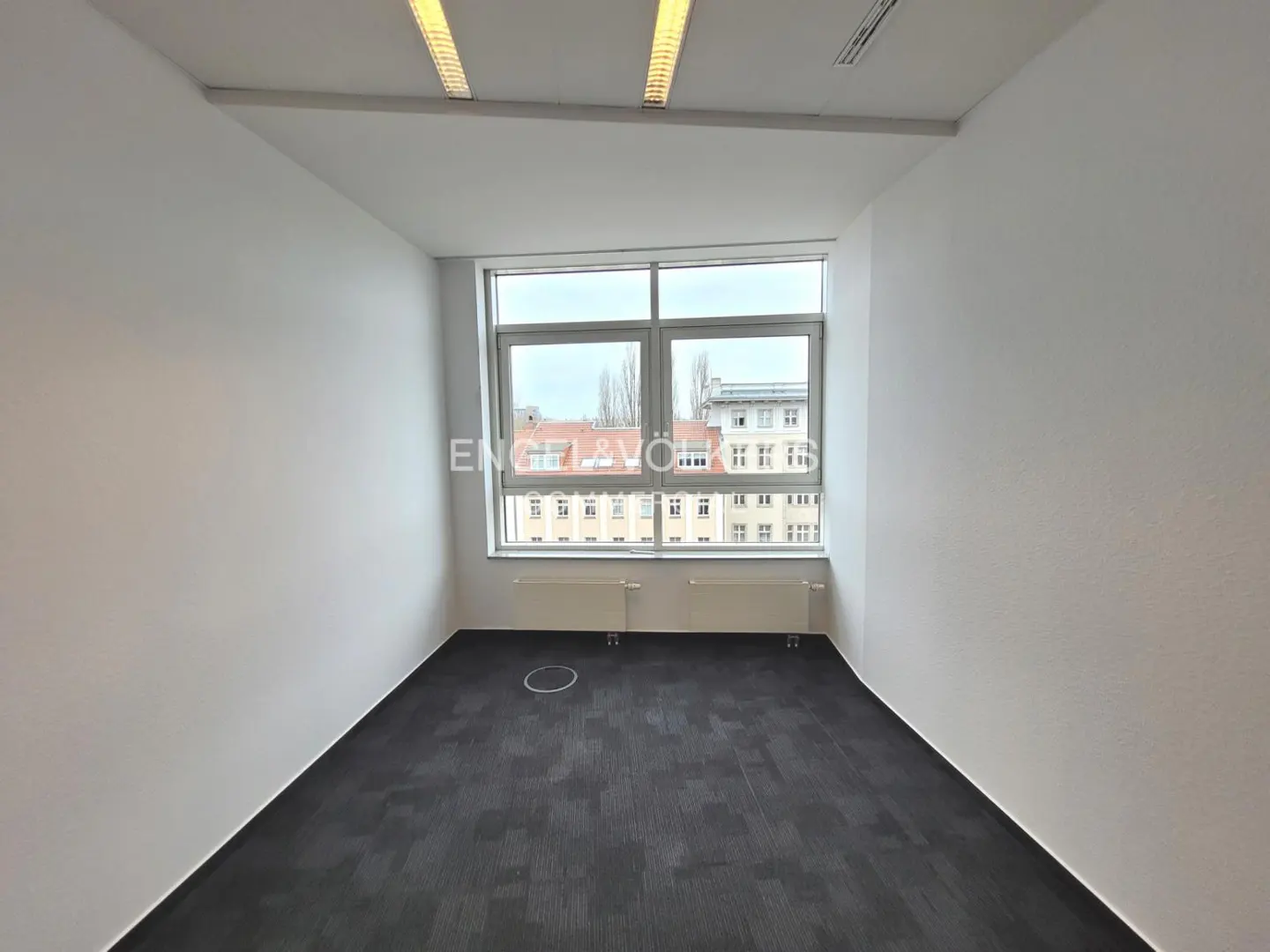 Empty office space with white walls, black carpet, and a large window showing buildings outside. Overhead lighting is visible.