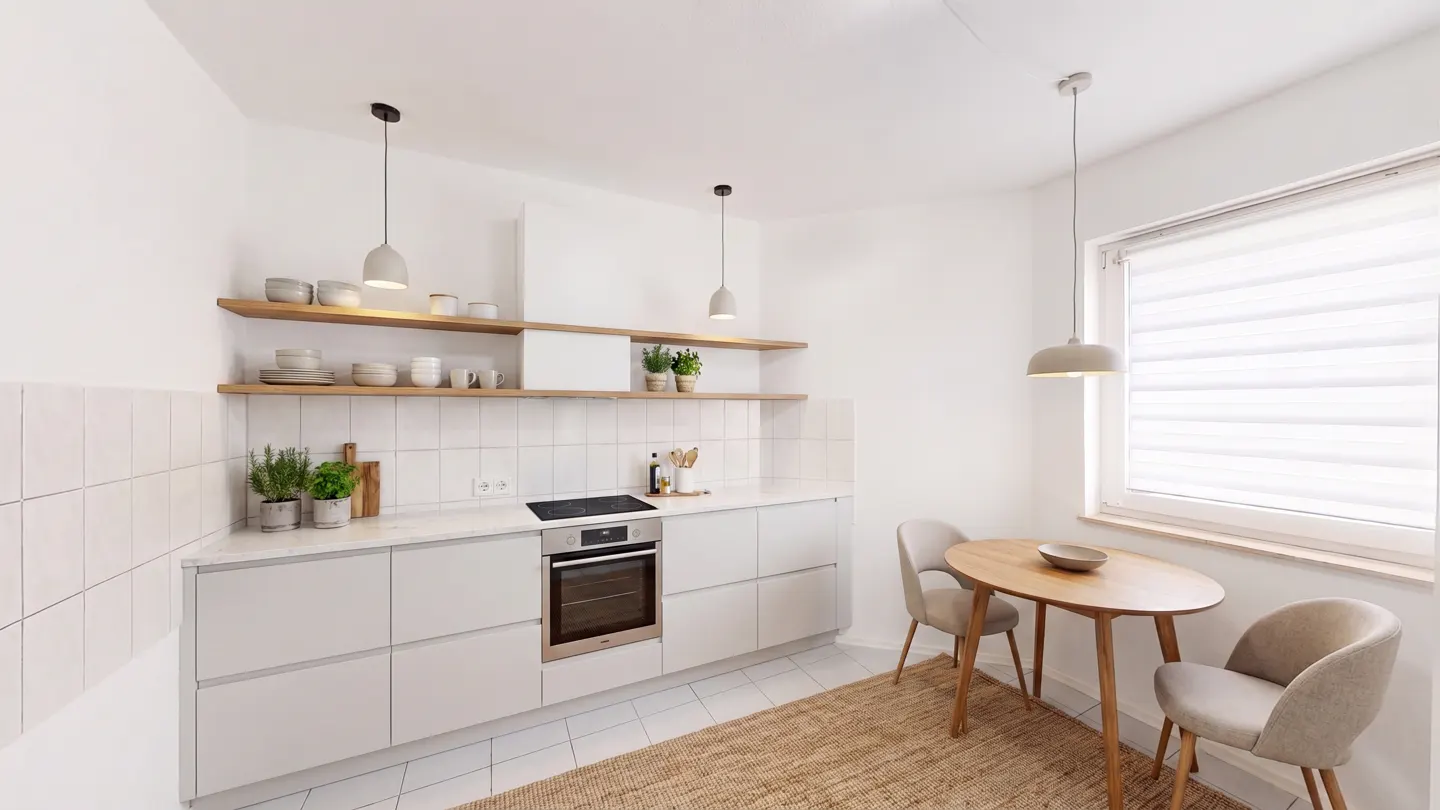 Bright, modern kitchen with white cabinets, open wood shelves, and a small dining table with two chairs on a jute rug.
