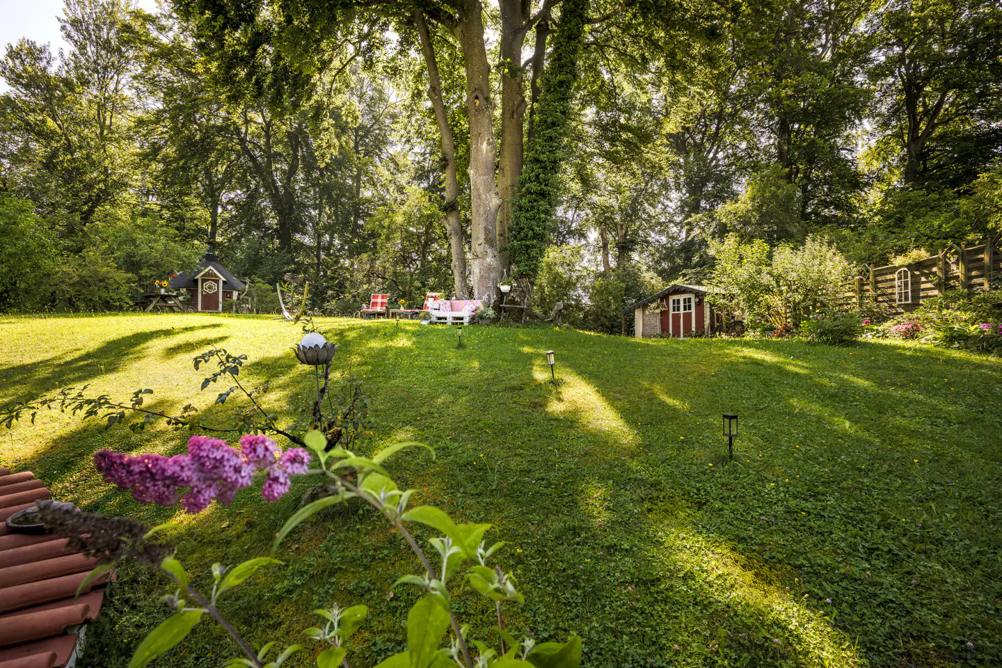 Lush green lawn with trees, small red cabins, and outdoor furniture. A large tree stands in the center, partially covered in ivy.