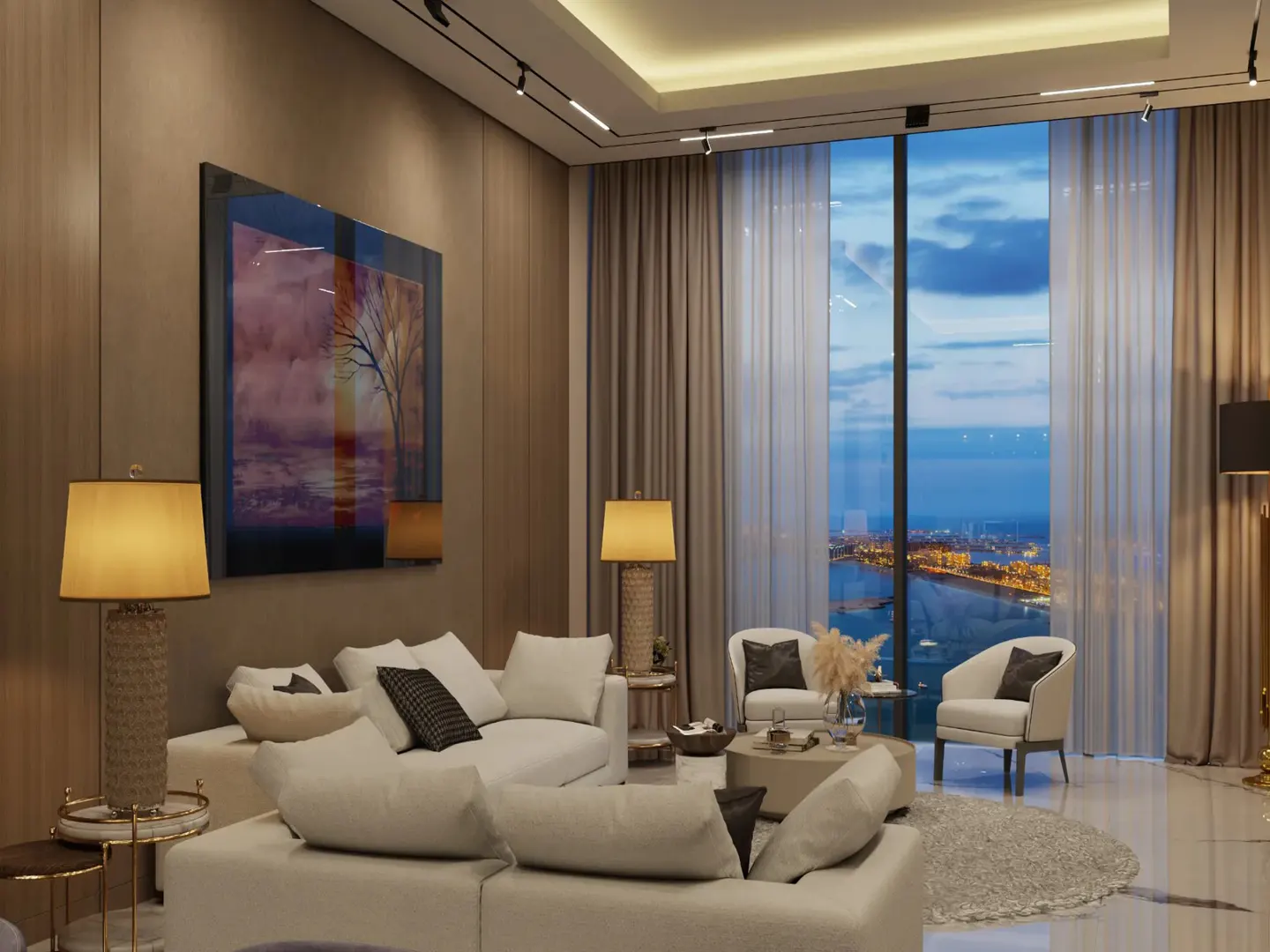 A modern living room with white sofas, chairs, and a large window overlooking a city skyline at dusk.