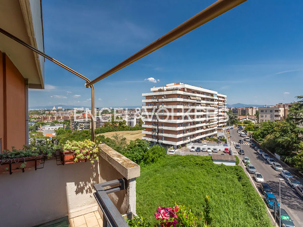 View from a balcony with potted plants overlooking a city street with cars and a large apartment building under a blue sky.