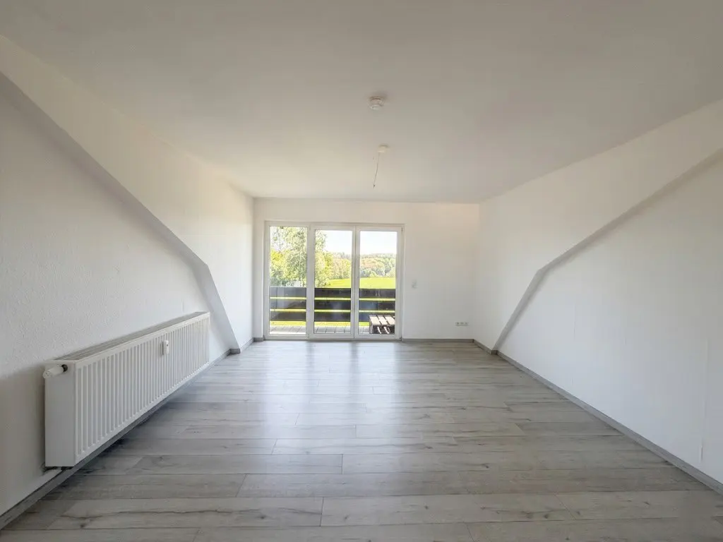 Bright, empty room with white walls, light wood floors, and a radiator. Glass doors lead to a balcony with a green view.