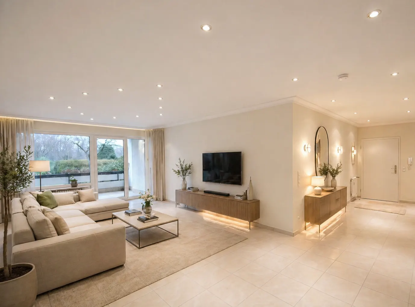 Bright, modern living room with beige sectional sofa, TV, and balcony. Neutral tones create a spacious, inviting atmosphere.