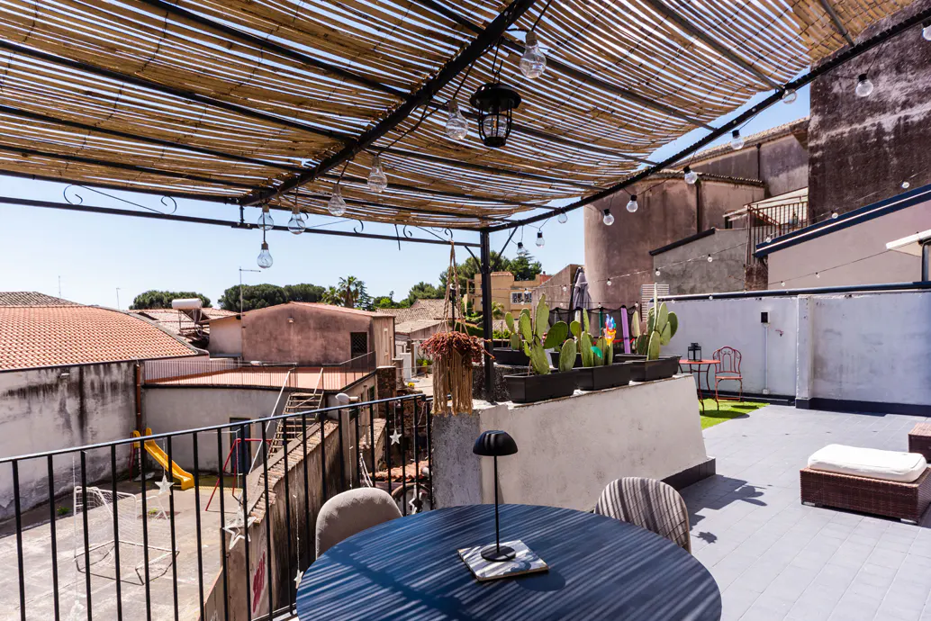 Rooftop patio with a bamboo awning, string lights, and a black table with chairs. Cacti in planters line the edge, overlooking a neighborhood.