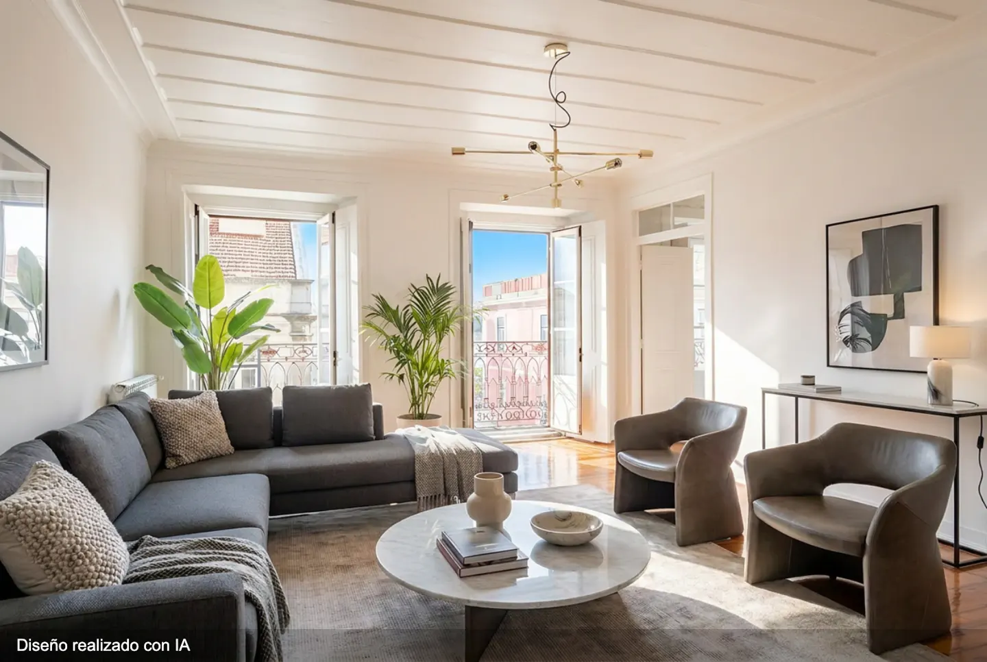 Bright living room with gray sectional sofa, marble coffee table, and two gray armchairs. Balcony doors open to a city view.
