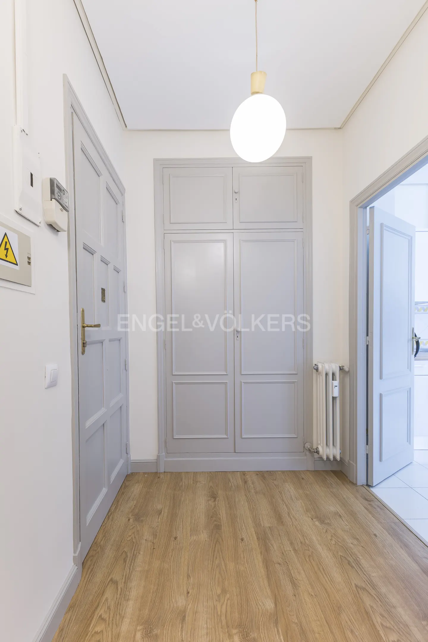 A bright room with light wood floors, grey paneled doors, a large built-in grey closet, and a modern white pendant light.