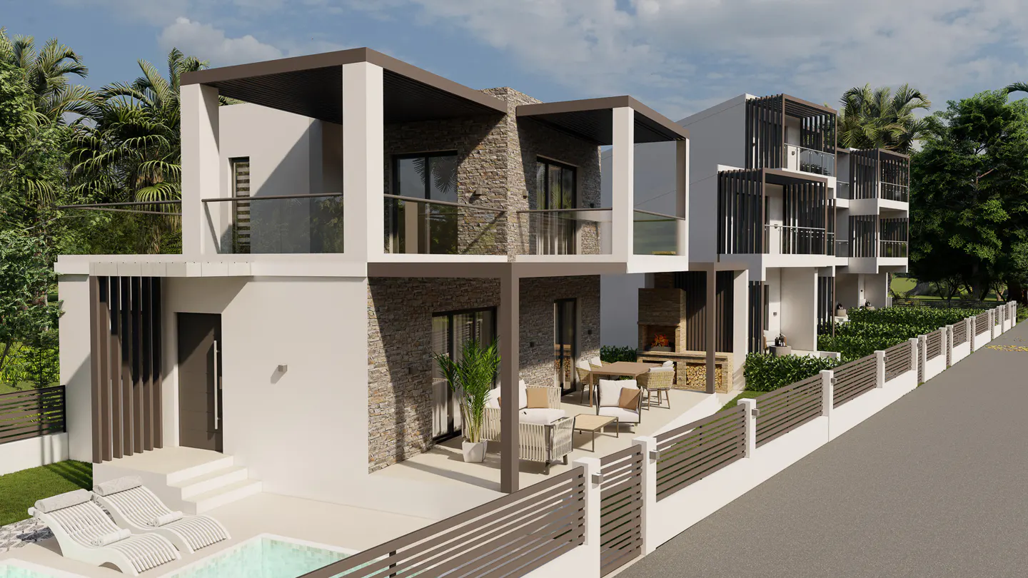 Rendering of modern townhouses with white walls, stone accents, and brown trim, featuring balconies, a pool, and outdoor seating.