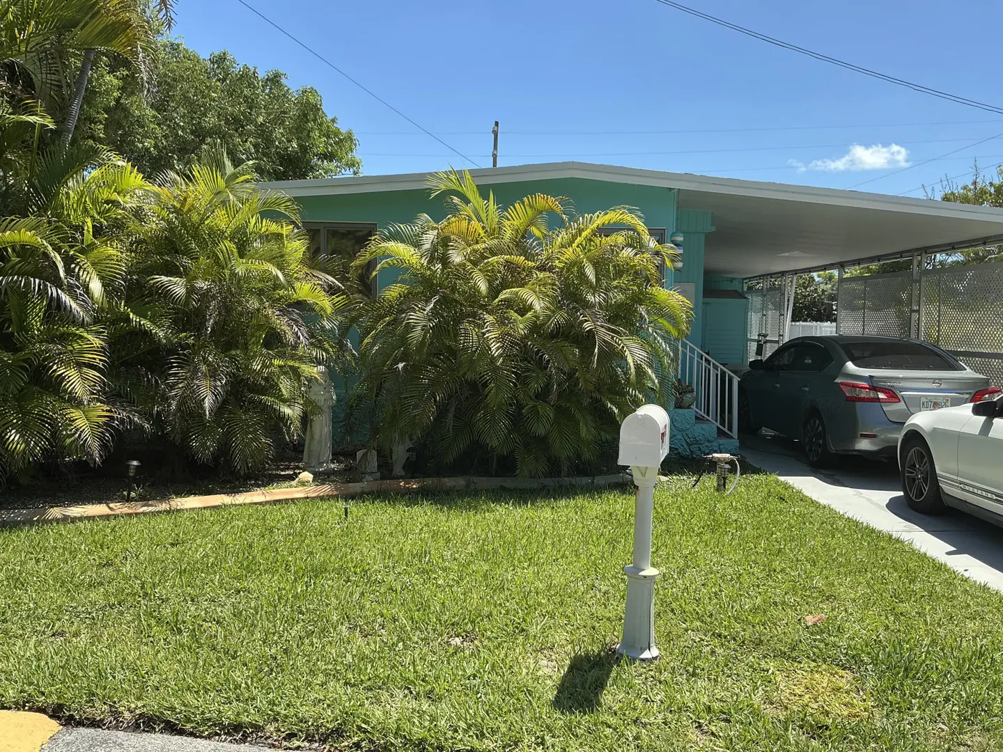 A light green house with a carport, lush palm trees in the front yard, a white mailbox, and cars parked in the driveway.