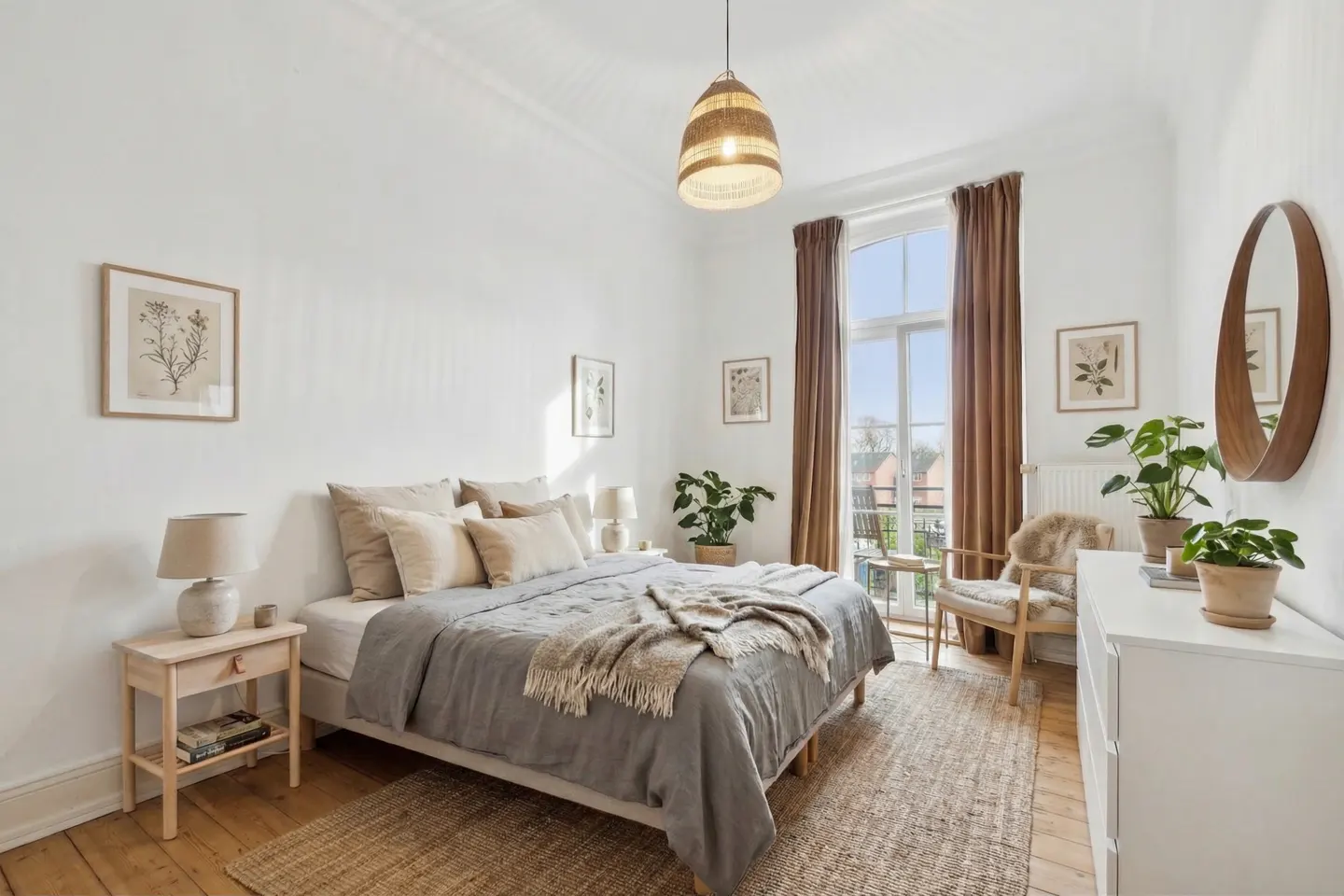Bright bedroom with white walls, wood floors, and a jute rug. A bed with a gray duvet and beige pillows sits beneath framed botanical prints. Brown curtains frame a window.