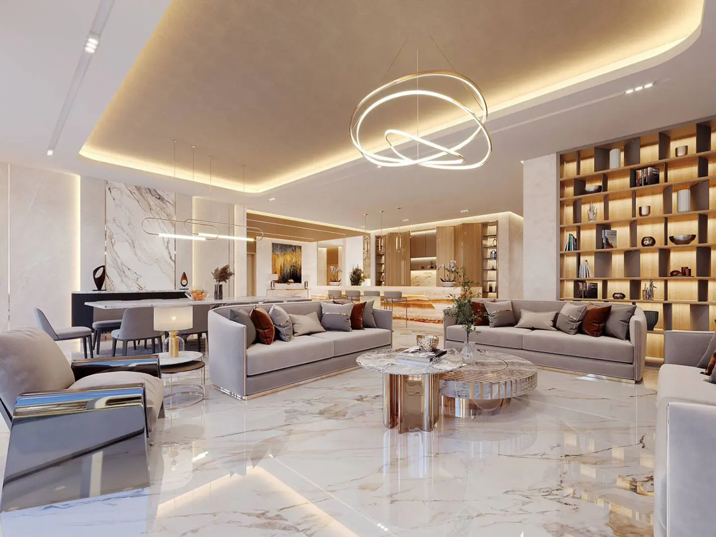 A modern living room with gray sofas, a marble floor, and a large, circular chandelier. A dining area and bookshelf are in the background.