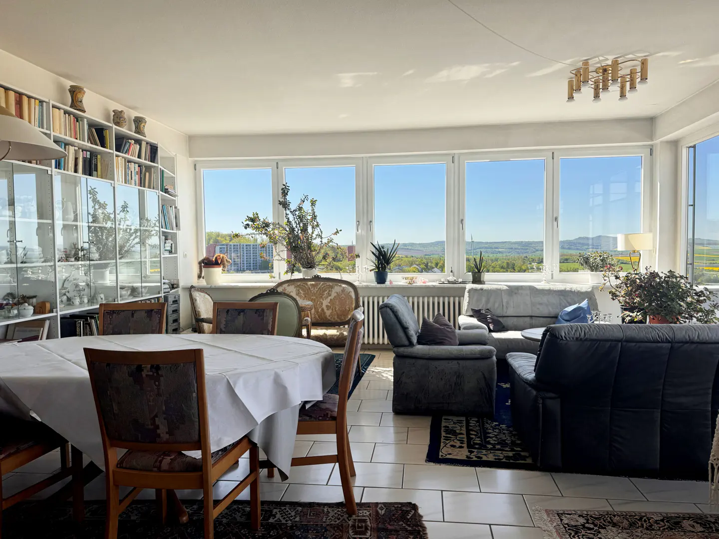 Bright living room with a large table, chairs, sofas, and a bookcase. Large windows offer a view of a green landscape under a blue sky.