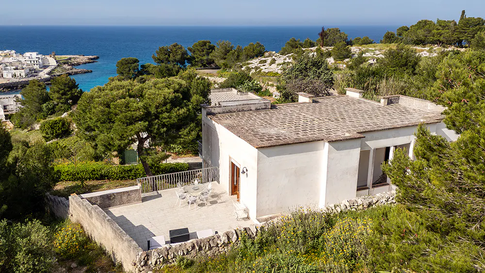 Aerial view of a white villa with a patio overlooking the turquoise sea and a town in the distance.