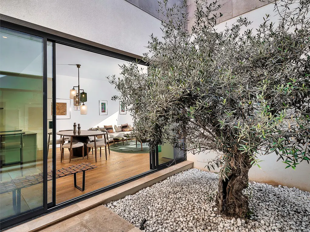 Modern home with an olive tree in a white rock garden outside a sliding glass door. Inside, a dining table and living room are visible.