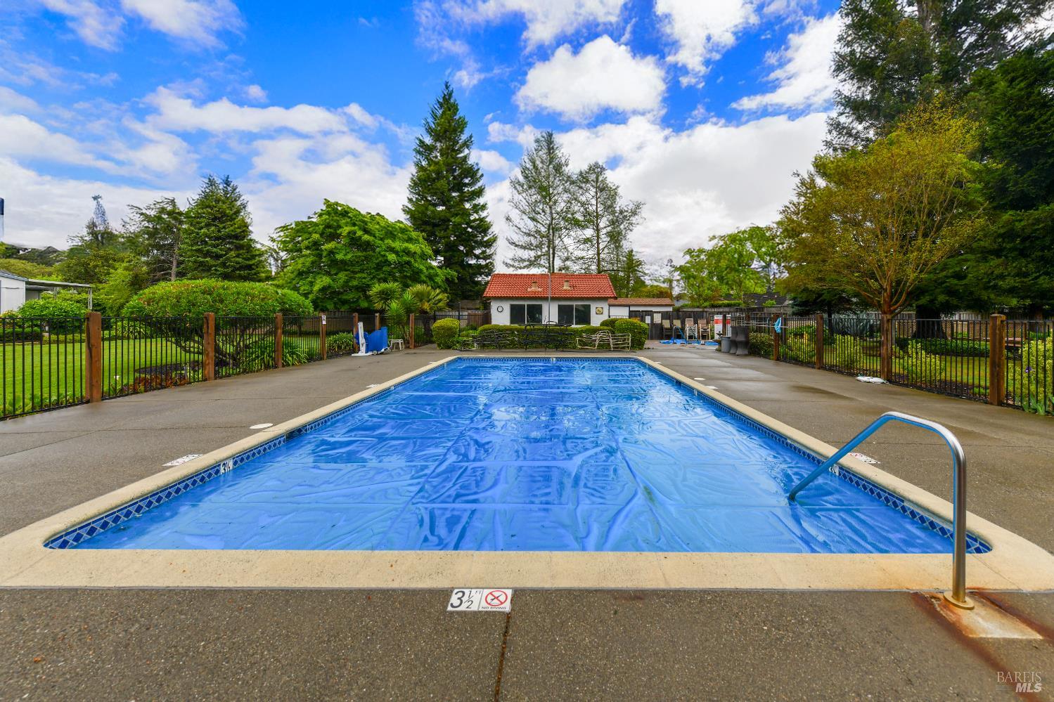 Outdoor swimming pool with a blue cover, surrounded by a concrete deck, black metal fence, and lush green trees.