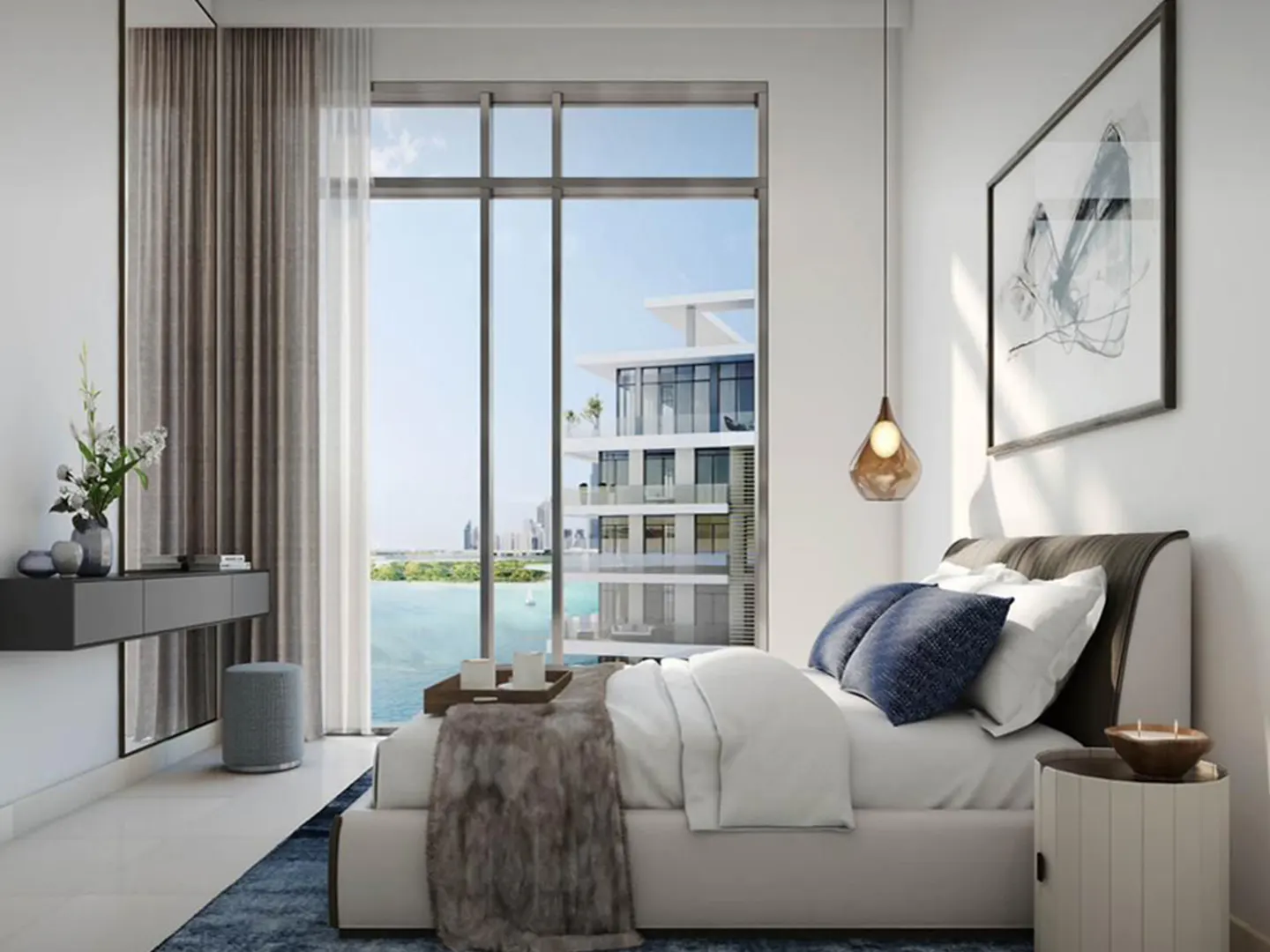 A modern bedroom with a large window overlooking the ocean. The room has a bed, nightstand, and a dresser.