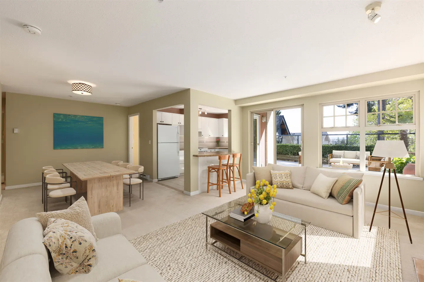 Open-concept living space with beige walls, white sofas, and a dining area with a wooden table. Large windows offer a view of the outdoors.