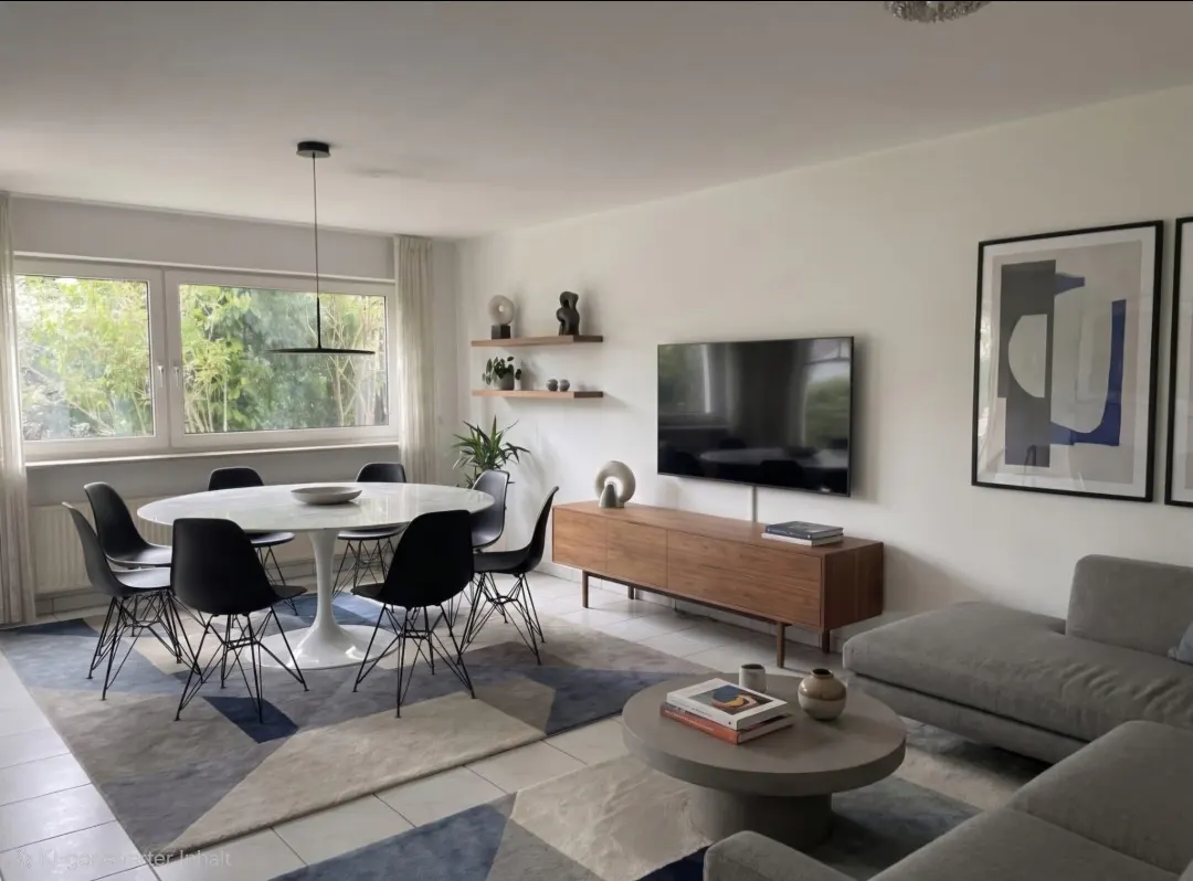 Bright living room with a white dining table, black chairs, gray sofa, and a wooden TV stand. Large windows and modern art add to the space.