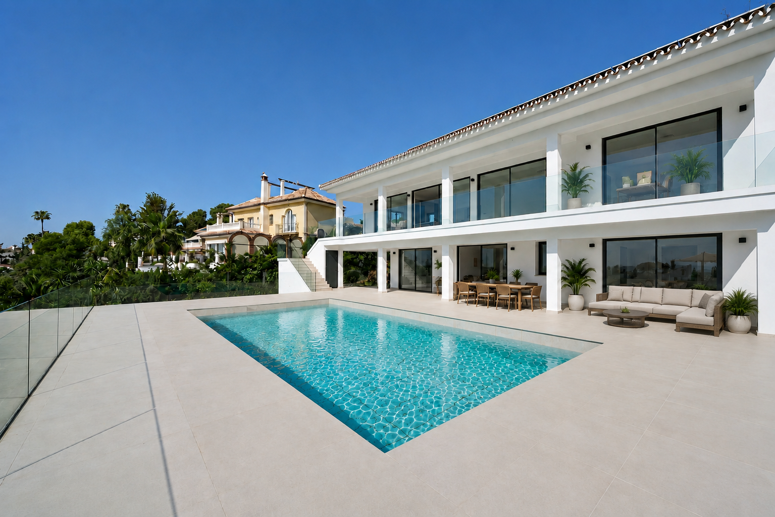 Modern white two-story villa with a swimming pool, outdoor dining area, and lounge seating on a sunny patio. [AI-generated text] [search.image.alt.aiModified]