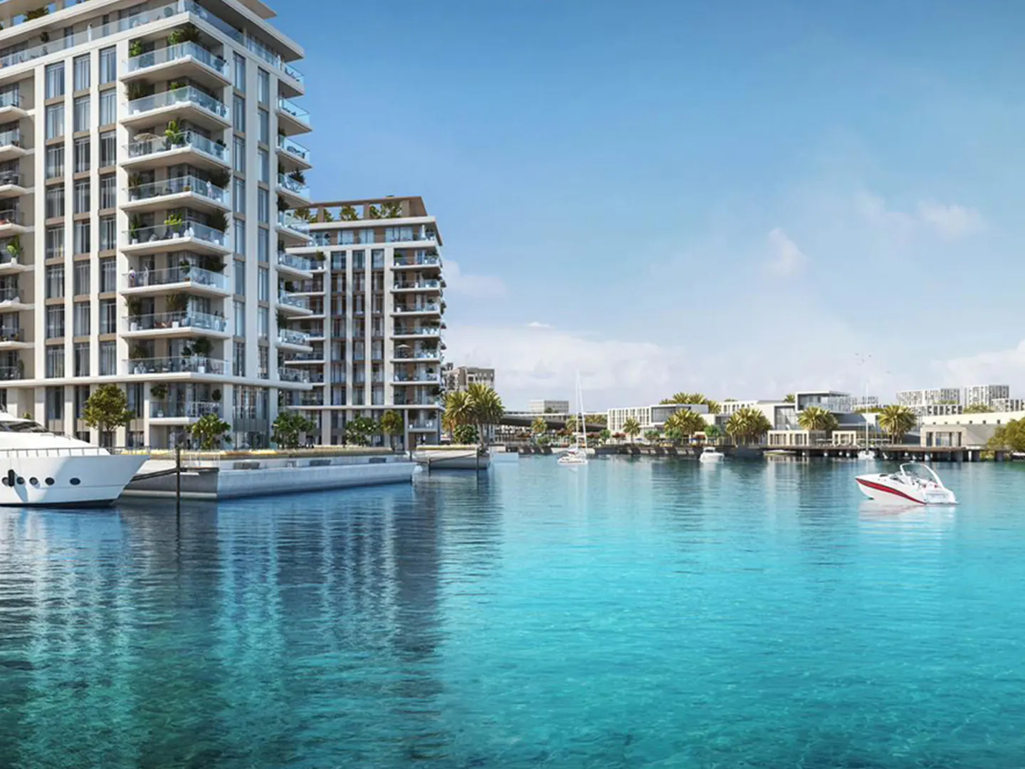 Waterfront view of modern white condos with glass balconies, boats docked, and turquoise water under a blue sky.
