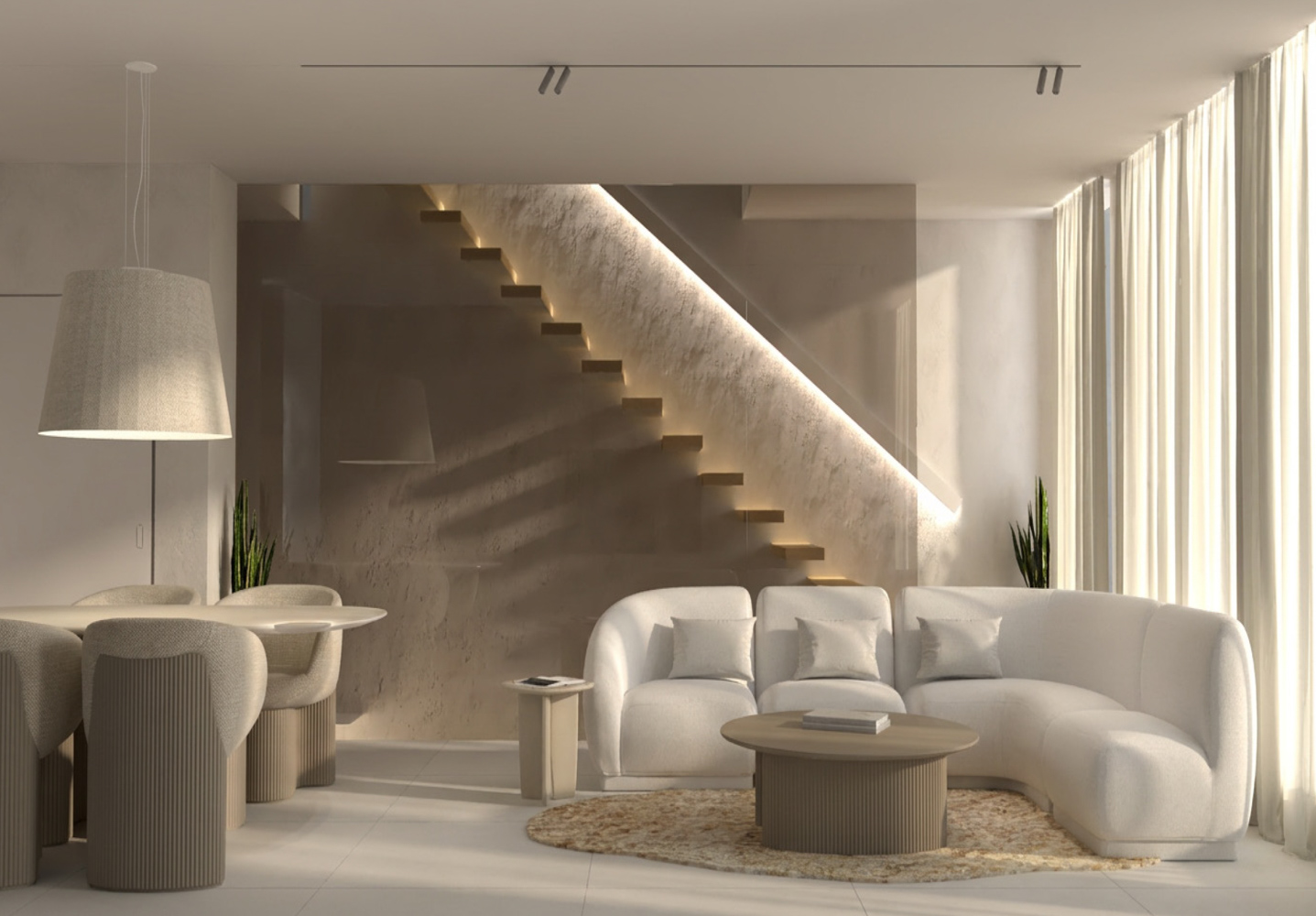 Modern living room with a white curved sofa, round coffee table, dining area, and illuminated floating staircase.