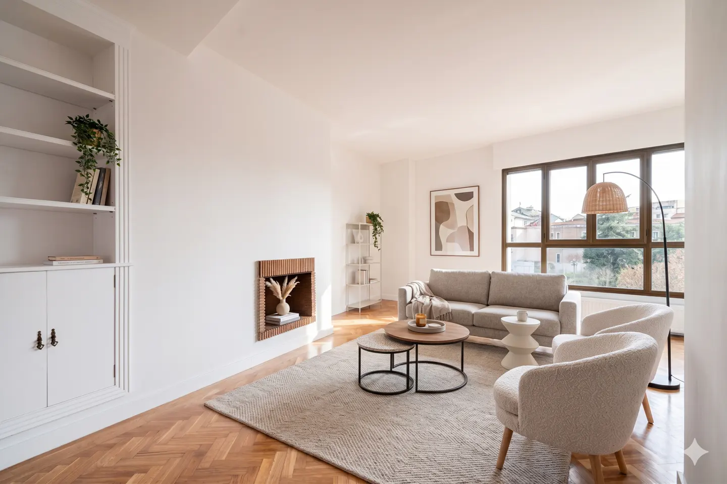 Bright living room with herringbone wood floors, a beige sofa, two white chairs, and a round coffee table on a neutral rug.