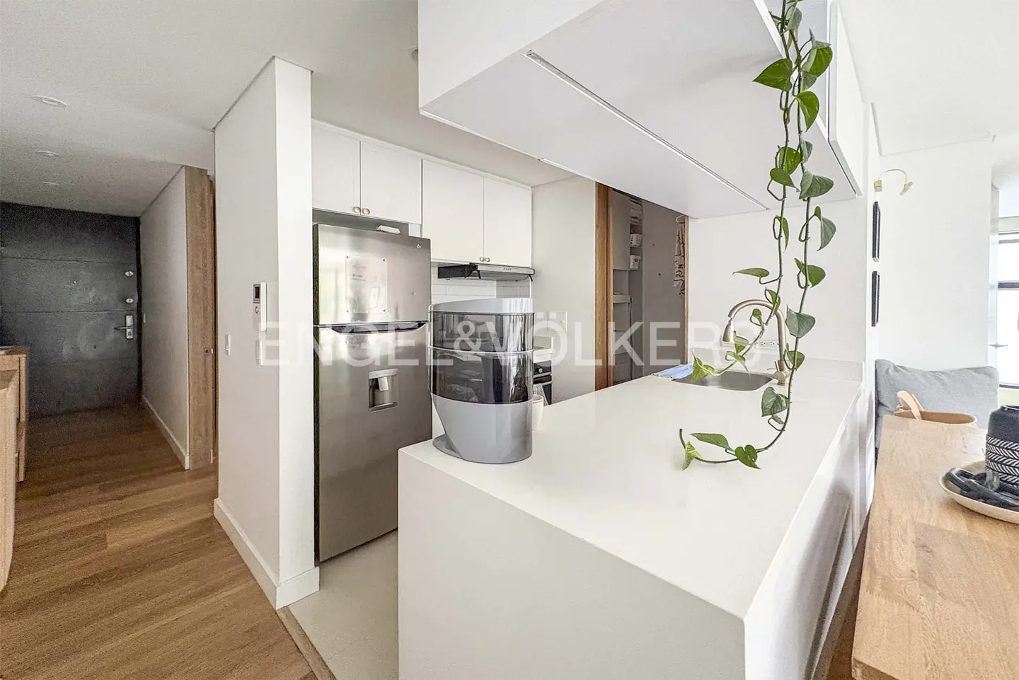 A modern kitchen with white cabinets, stainless steel refrigerator, and a white countertop island. A green vine hangs near the sink.