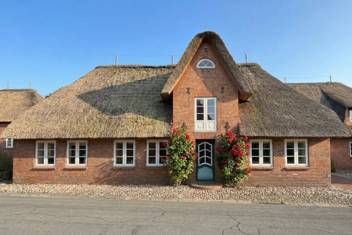 Brick house with a thatched roof, white windows, and a green door, flanked by red roses.