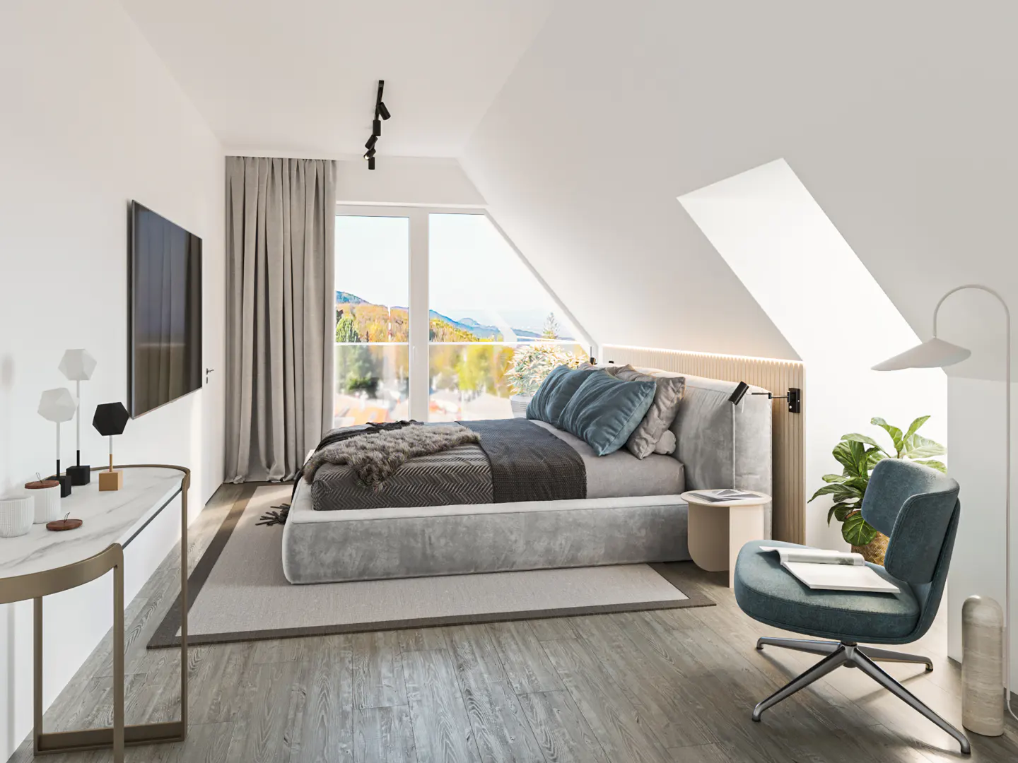 Bright bedroom with a gray bed, blue pillows, and a view of mountains through a large window. A blue chair and desk are also visible.