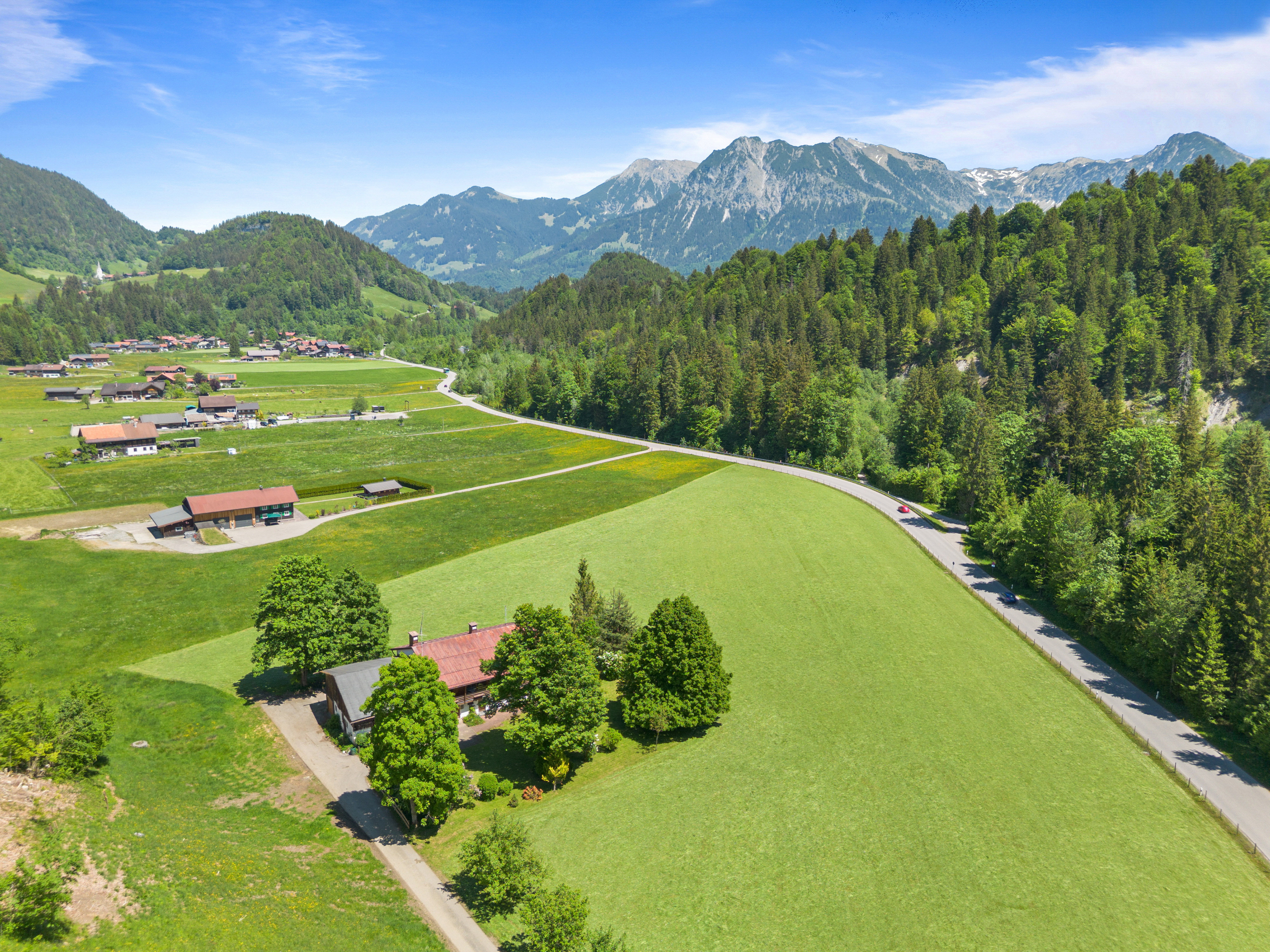 Aerial view of a house with a red roof surrounded by green fields, trees, and a winding road against mountain peaks. [AI-generated text]