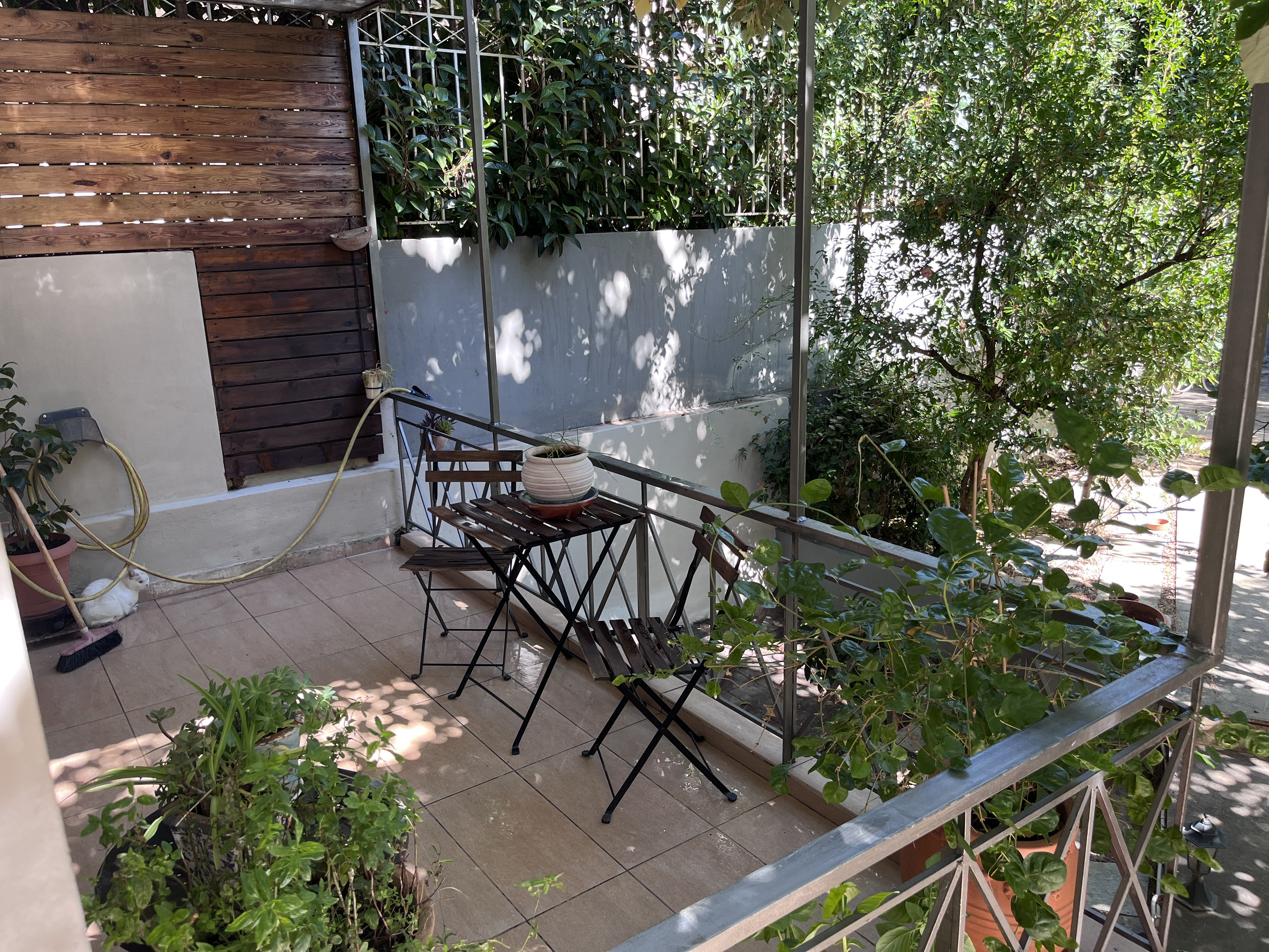 A tiled patio with a small table and two chairs, surrounded by potted plants, a wooden privacy screen, and a white rabbit. [AI-generated text]