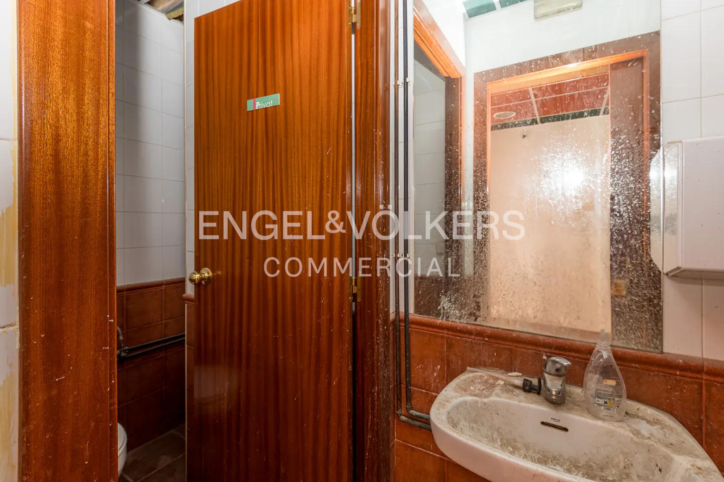 A commercial bathroom with a wood door labeled "Privat" a sink, and a dirty mirror.