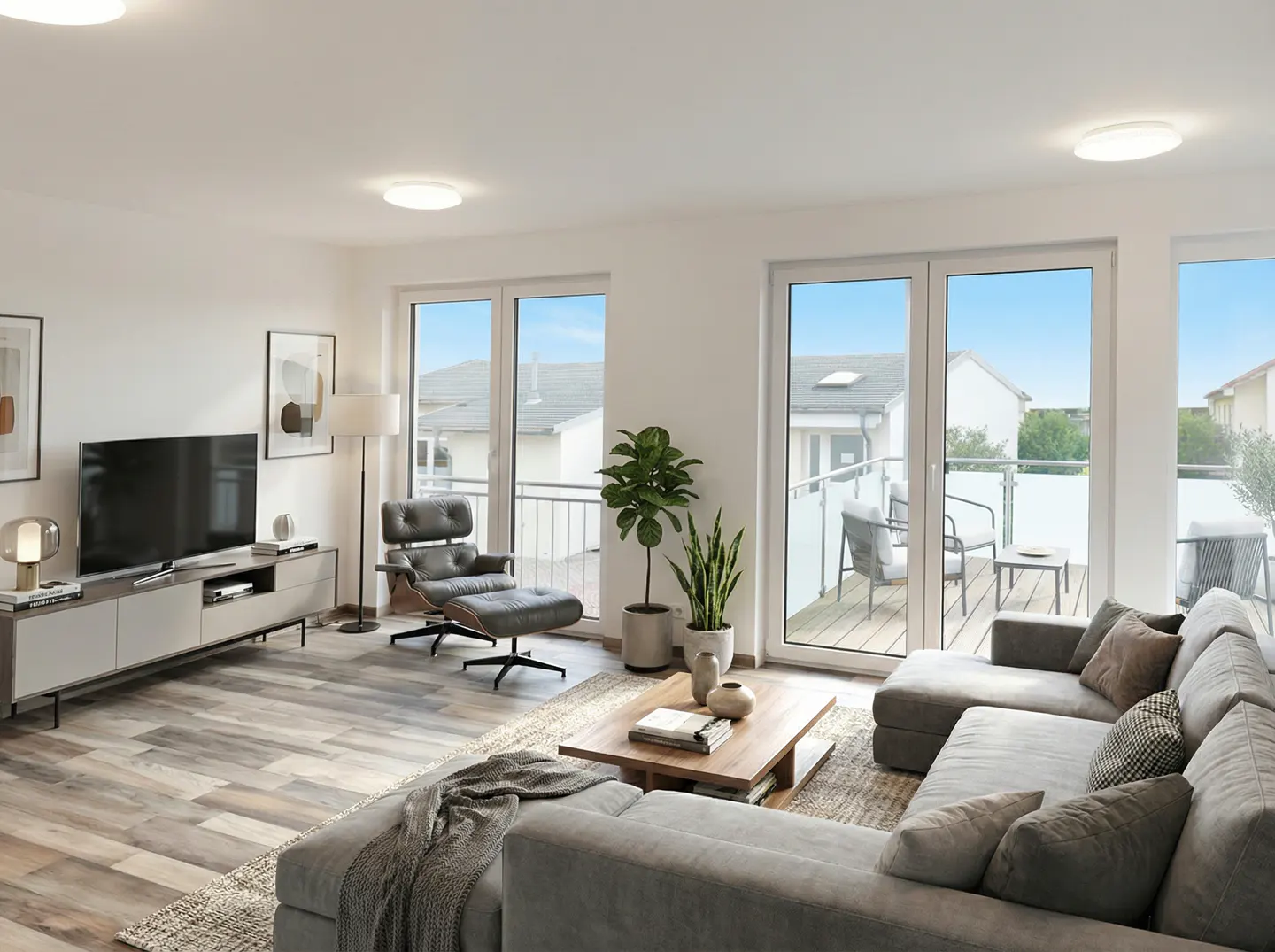 Bright living room with gray sectional sofa, wood floors, TV, and balcony access through glass doors.