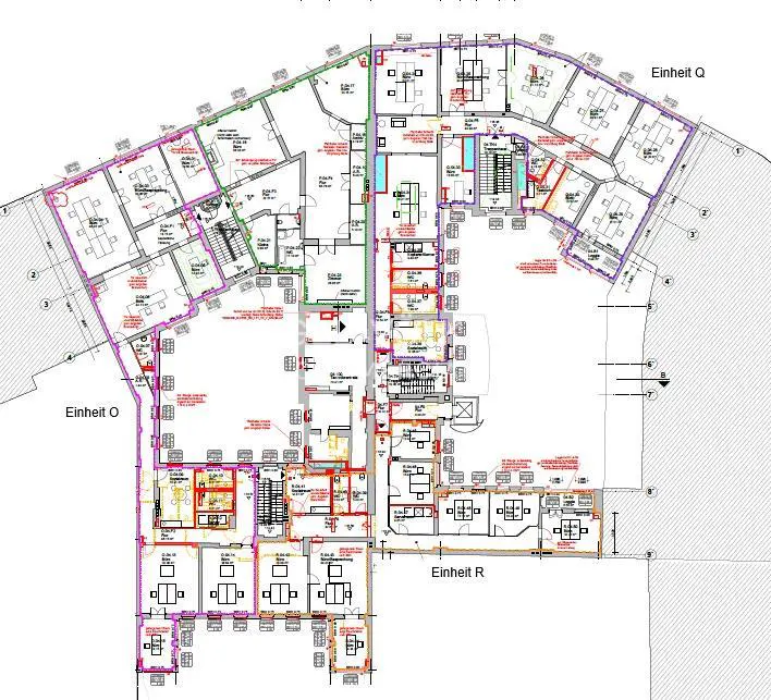 Floor plan of a building with multiple units labeled O, Q, and R, showing rooms, stairs, and furniture layouts.
