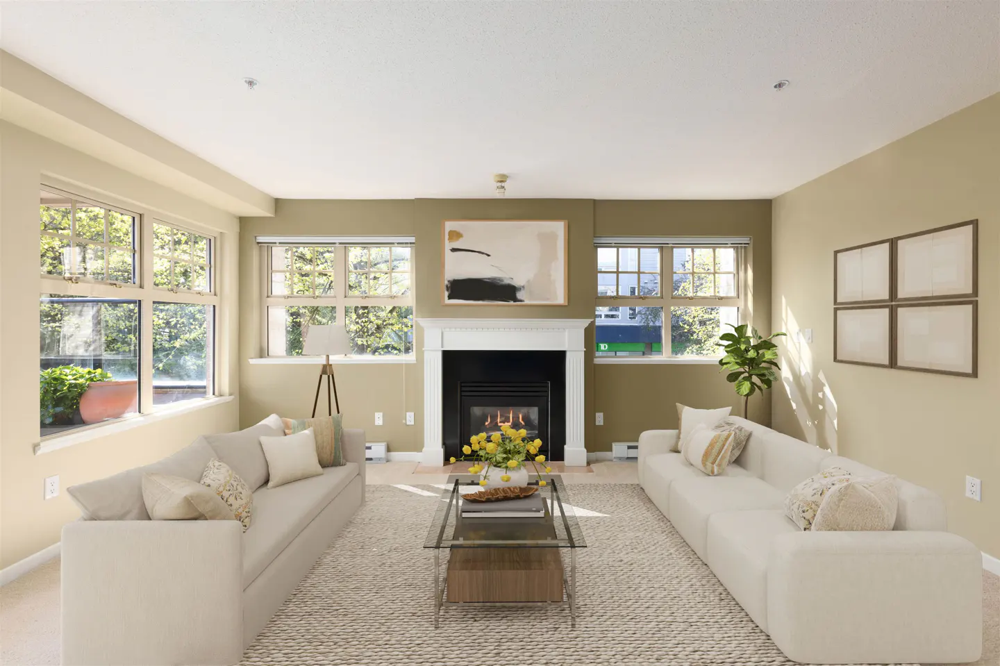Living room with two white sofas, a fireplace, and a glass coffee table on a patterned rug. Windows provide natural light.