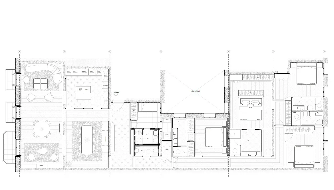 Architectural floor plan in white, showing living, dining, and bedroom areas with furniture layouts.
