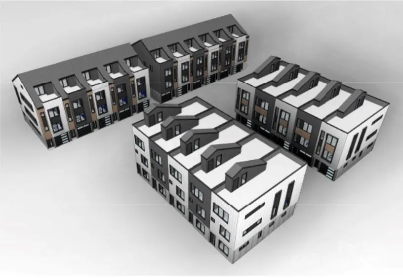 Architectural rendering of three rows of modern townhouses in shades of gray and white on a light gray background.