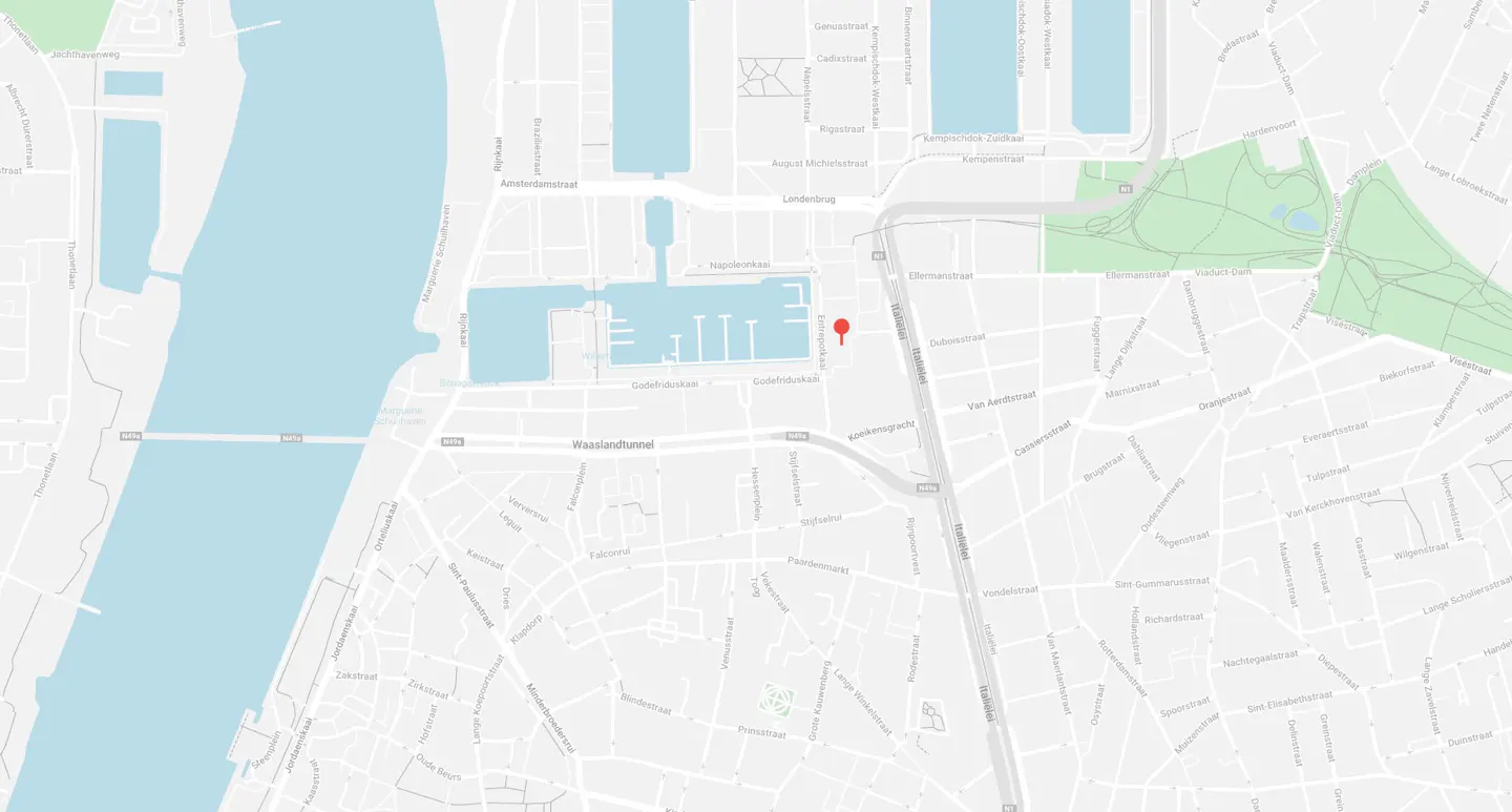 Map view of Antwerp, Belgium, with a red pin marking a location near the harbor and Eilandje district.