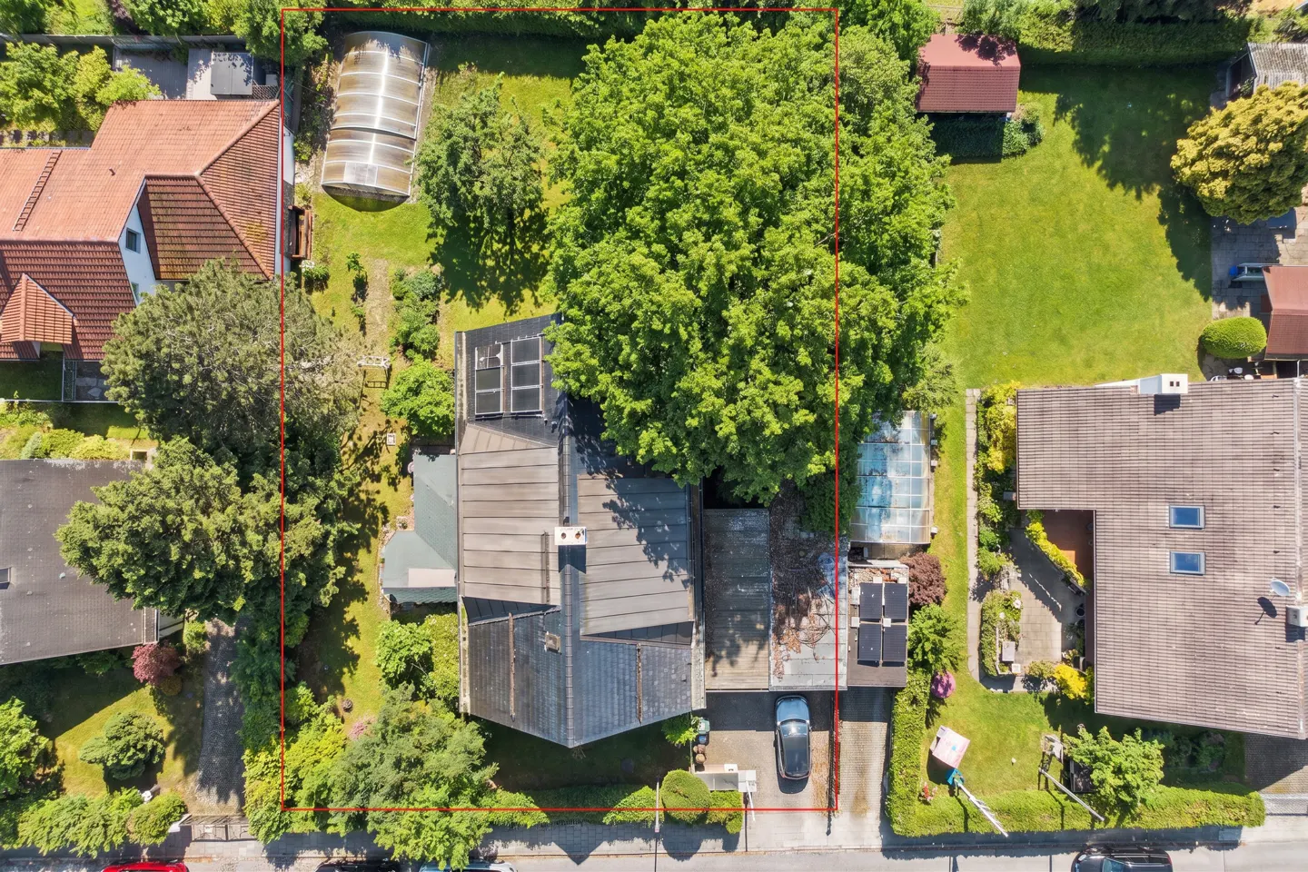 Aerial view of a house with a gray roof, solar panels, a large tree, and a red boundary line.