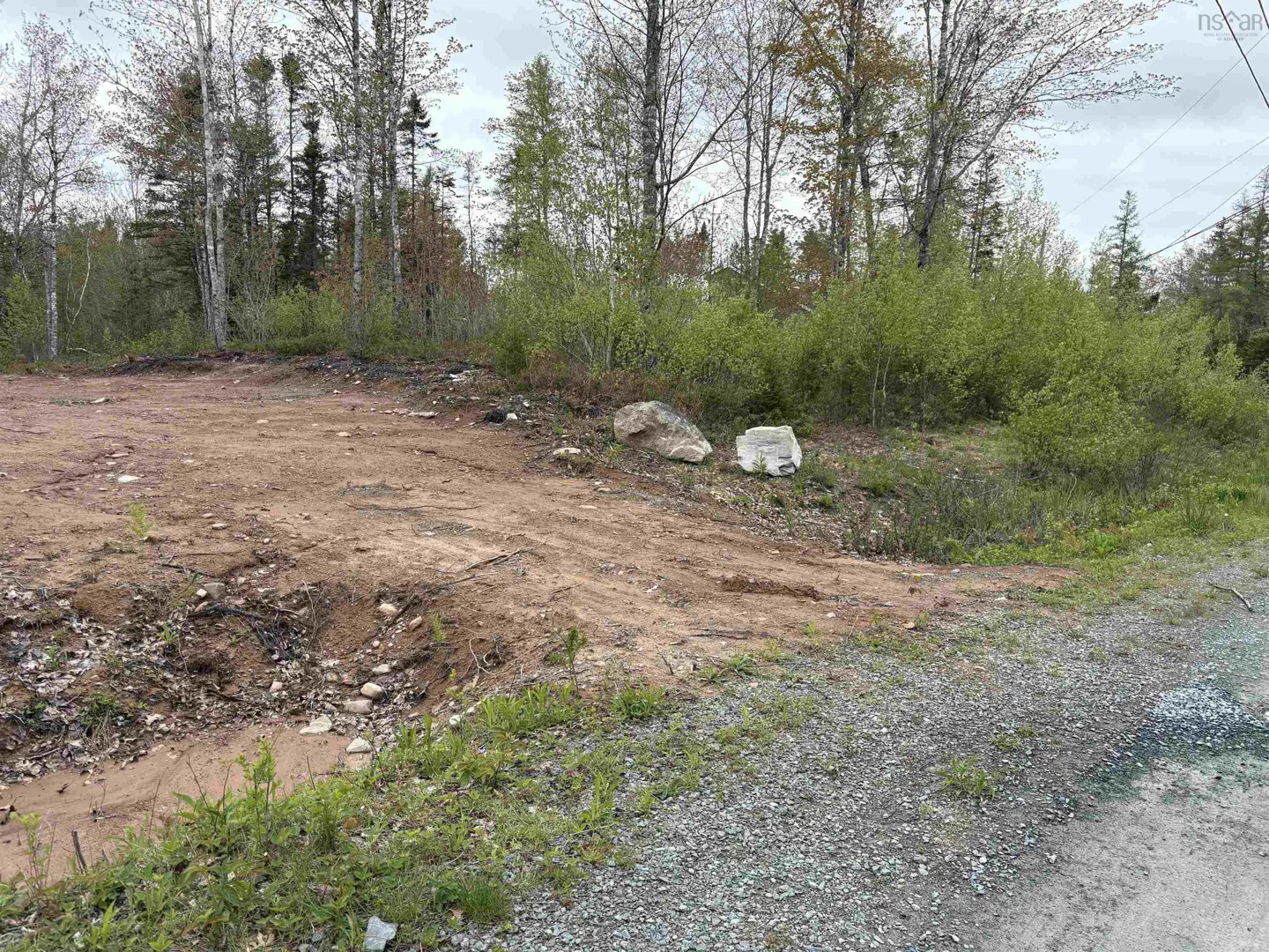 A cleared dirt lot with two large rocks, bordered by a gravel road and a dense forest of trees under a cloudy sky.