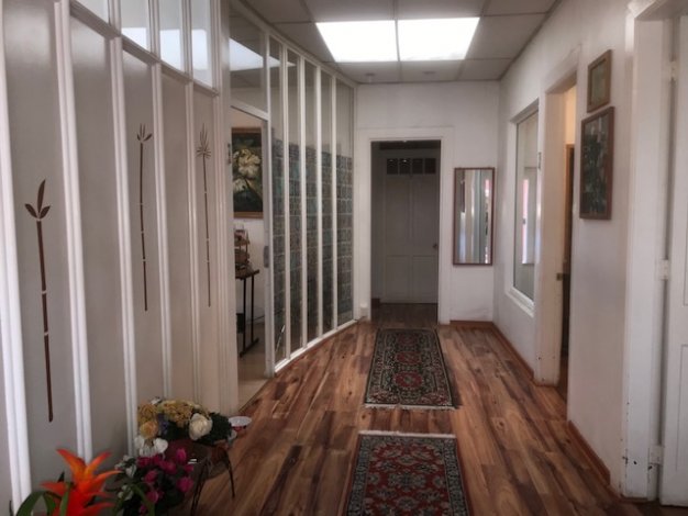 Hallway with wood floors, white walls, and glass partitions. Two rugs run the length of the hall. Flowers are in the foreground. [AI-generated text]