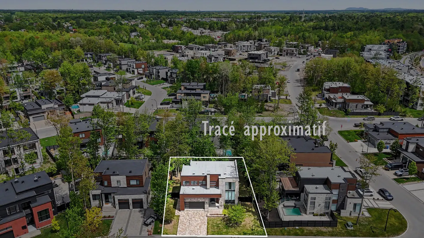 Aerial view of a modern two-story house with a white outline, surrounded by trees and other houses in a suburban neighborhood.