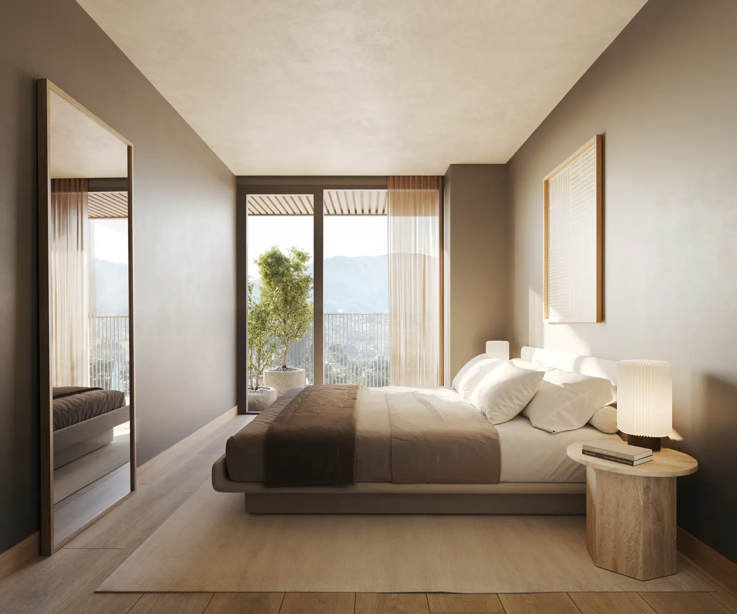 Bedroom with a large bed, side table with lamp, and balcony with mountain view. A full-length mirror reflects the room.