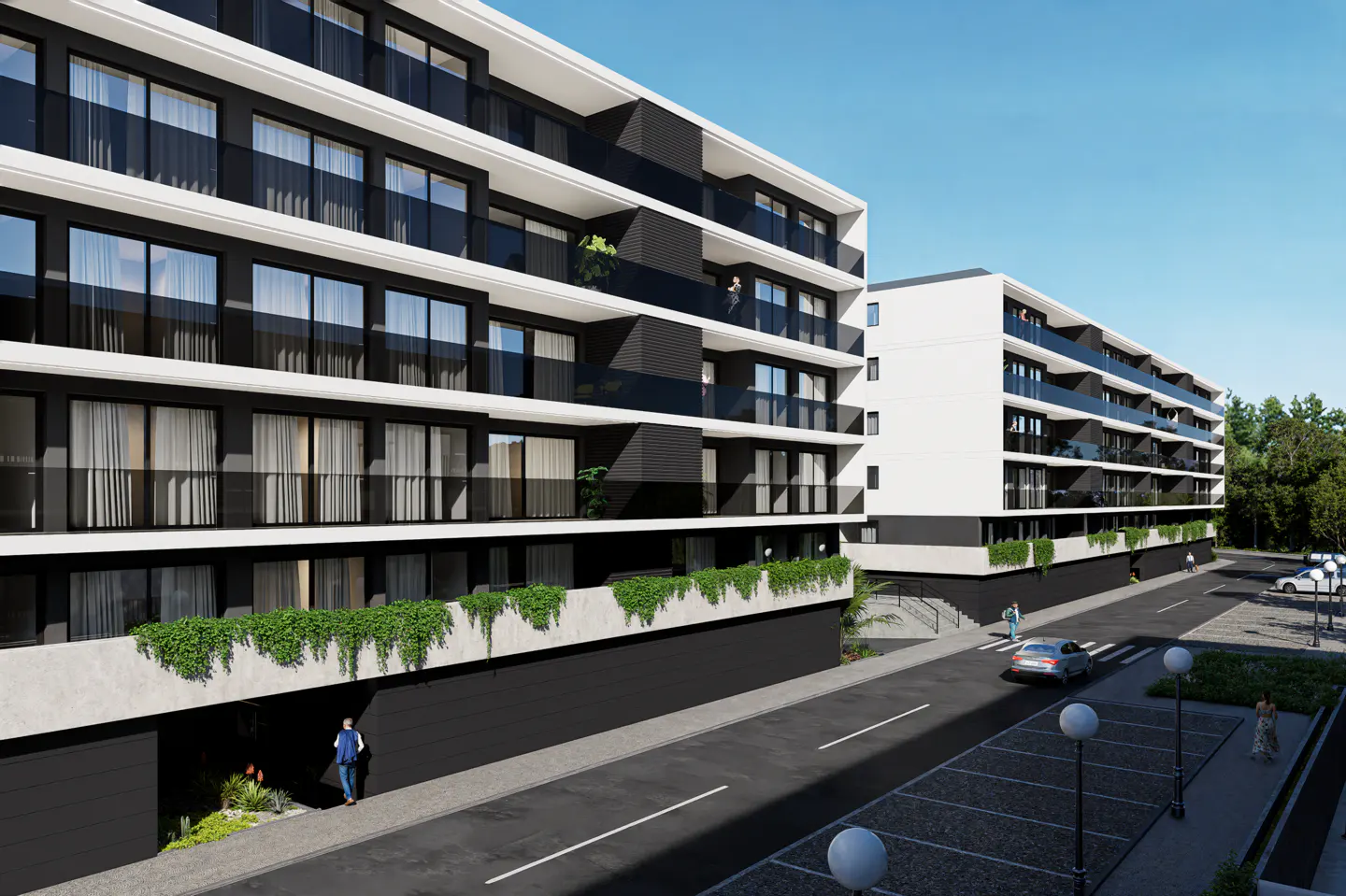 Modern black and white apartment buildings with glass balconies. Street with cars and people in front. Blue sky.